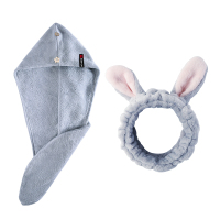 日本干发帽女超强吸水速干免吹可爱加厚长发浴帽包头成人干发神器 热卖:直边月亮灰+兔子束发带