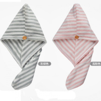 干发帽女超强吸水速干长发包头巾双层加厚速干帽擦头发速干毛巾女 2个装=[烟粉细条+灰绿细条]