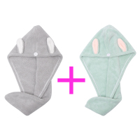 干发帽女超强吸水速干可爱加厚浴帽干发巾抖音网红同款卡通兔耳朵 灰+绿[兔耳款]