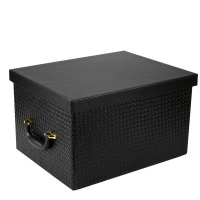 韩国皮质收纳箱大码储物箱创意特大号有盖杂物整理盒 黑色编织纹(五金把手) 大号44*34.58*25.5