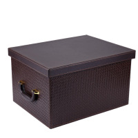 韩国皮质收纳箱大码储物箱创意特大号有盖杂物整理盒 棕色编织纹(五金把手) 30*22*13cm无把手