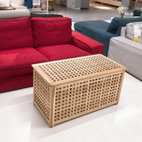 大号实木箱有盖储物箱整理可坐收纳箱网格箱凳洗衣筐茶几长桌 长款带纯棉布袋储物桌50*50*长98 大号