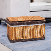 藤编大号带盖收纳筐脏衣篮收纳盒储物筐杂物整理箱柳编收纳箱 蜜糖色筐+棕色内衬 中号:长38*宽28*高20
