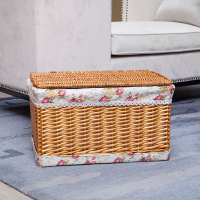 藤编大号带盖收纳筐脏衣篮收纳盒储物筐杂物整理箱柳编收纳箱 蜜糖色筐+花布内衬 特大:长53*宽35*高30