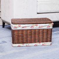 藤编大号带盖收纳筐脏衣篮收纳盒储物筐杂物整理箱柳编收纳箱 咖啡色筐+花布内衬 中号:长38*宽28*高20
