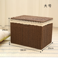 桌面零食杂物家用编织储物收纳盒收纳框柜子收纳筐篮子玩具 咖色38*26*24cm有盖-方格内衬 多尺寸可选(详细见图片)