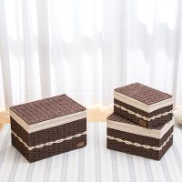 编织收纳筐带盖编收纳箱纸藤编桌面收纳篮零食遥控器收纳盒 咖色筐+雏菊布+盖 中号35*24*21cm