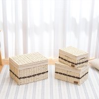 编织收纳筐带盖编收纳箱纸藤编桌面收纳篮零食遥控器收纳盒 米色筐+雏菊布+盖 套三组合装