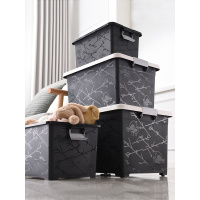 衣服储物盒装书收纳箱子塑料带轮 印花款黑色（ins风收纳箱） 20L《35*23.5*20.5CM》适合化妆品或洗漱用品