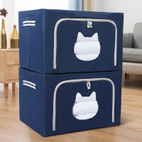 棉服收纳箱两件套布艺整理箱折叠衣柜收纳盒棉被玩 藏青猫咪头 升级款棉麻100L/两个装【60*42*40CM】钢架加粗至
