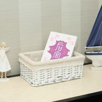 收纳筐藤编收纳篮置物篮编织篮子收纳框杂物零食篮家用收纳箱 白色筐雪花布里 特大号[40*30*16]