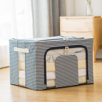 衣服收纳箱布艺牛津布棉被子折叠整理箱盒大号家用百纳箱帆布衣柜 蓝白条纹棉麻款 68L(52*40*32cm)