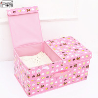 收纳箱整理箱布艺可折叠大号收纳盒内衣盒衣服整理收纳储物盒 嫩粉色泰迪熊 双盖大号(50*30*25cm)