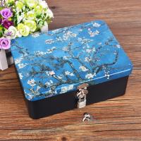 密码带锁收纳盒储物盒小型半岛铁盒盒子钥匙马口铁迷你铁皮的 湖蓝色杏花(中号)