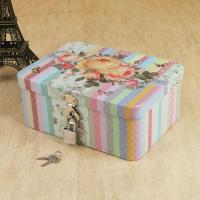 密码带锁收纳盒储物盒小型半岛铁盒盒子钥匙马口铁迷你铁皮的 酒红色七彩花朵(小号)