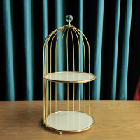 北欧简约金色储物架化妆品收纳盒桌面护肤品梳妆台香水收纳置物架 鸟笼双层[白色纹]