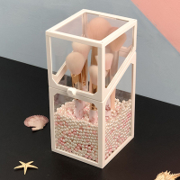 玻璃防尘化妆刷收纳桶女ins风刷具桶眉笔美妆刷子收纳盒笔筒架 白色四边形（带米粉色珍珠）