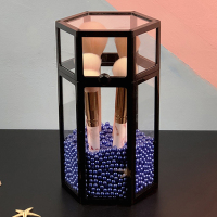 玻璃防尘化妆刷收纳桶女ins风刷具桶眉笔美妆刷子收纳盒笔筒架 黑色六边形(带蓝色珍珠)
