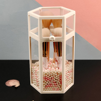 玻璃防尘化妆刷收纳桶女ins风刷具桶眉笔美妆刷子收纳盒笔筒架 白色六边形(带米色粉色珍珠)