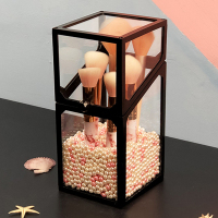 玻璃防尘化妆刷收纳桶女ins风刷具桶眉笔美妆刷子收纳盒笔筒架 黑色四边形(带米粉色珍珠)