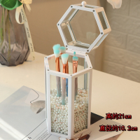 唇釉化妆刷筒美妆刷子眉笔化妆品收纳盒翻盖桌面亚克力防尘大容量 [亏本款六边形]白色玻璃化妆刷收纳盒+人鱼泪珍珠