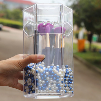唇釉化妆刷筒美妆刷子眉笔化妆品收纳盒翻盖桌面亚克力防尘大容量 六角刷桶+白珍珠+蓝珍珠(约2800颗左右)