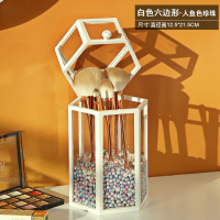 化妆品收纳盒透明防尘带盖珍珠装化妆刷刷筒桌面玻璃收纳筒 白色六边玻璃刷筒带人鱼珍珠