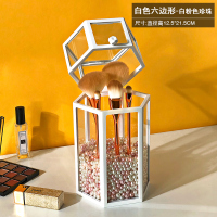 化妆品收纳盒透明防尘带盖珍珠装化妆刷刷筒桌面玻璃收纳筒 白色六边玻璃刷筒带米粉色珍珠