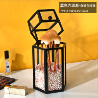 化妆品收纳盒透明防尘带盖珍珠装化妆刷刷筒桌面玻璃收纳筒 黑色六边玻璃刷筒带米粉色珍珠