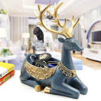 进口钥匙收纳神器北欧ins桌面玄关放钥匙的收纳盒家居创意摆件 军绿色蓝金色吉祥鹿卧鹿