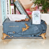 进口钥匙收纳神器北欧ins桌面玄关放钥匙的收纳盒家居创意摆件 荧光黄幸福鹿蓝金纸巾盒