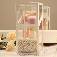 防尘放化妆刷收纳桶有盖眉笔刷子化妆品收纳盒便携玻璃笔刷筒带盖 白色方形玻璃收纳桶+白珍珠