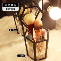 防尘放化妆刷收纳桶有盖眉笔刷子化妆品收纳盒便携玻璃笔刷筒带盖 六角黑色玻璃刷桶带粉白珍珠