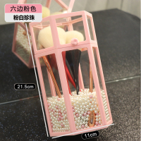 防尘放化妆刷收纳桶有盖眉笔刷子化妆品收纳盒便携玻璃笔刷筒带盖 六角粉色刷桶带粉白珍珠