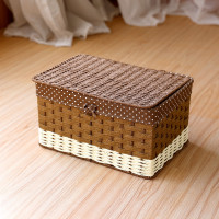 日式简约编织收纳盒桌面有盖化妆包收纳筐储物盒置物盒零食收纳箱 咖啡色带盖带衬布大号