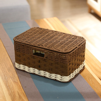 日式简约编织收纳盒桌面有盖化妆包收纳筐储物盒置物盒零食收纳箱 咖啡色(有盖子)小号