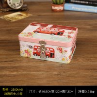 桌面收纳盒盒储物盒带锁密码化妆品首饰盒学生马口铁盒子大号 桔红色旅游巴士-小号