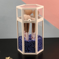 玻璃网红化妆品收纳盒透明防尘带盖珍珠装化妆刷的刷筒桌面收纳筒 白色六边形(带蓝色珍珠)