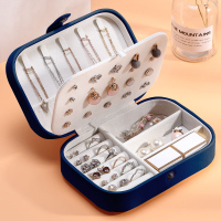 首饰盒收纳盒大容量桌面耳环项链饰品盒子绒布放耳钉神器整理盒 皮革-藏青色-[便携款]