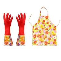 大红色喇叭口 单层(不加绒)手套|手套围裙套装家务清洁洗碗洗衣手套加防水防污半身围裙