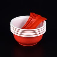 (碗+勺)各50个|一次性碗筷套装加厚红色结婚酒席婚庆环保塑料碗杯碟勺套餐具