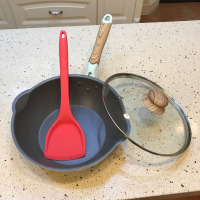 升级新品24cm28cm煎炒锅深煎锅不粘锅平底锅炒锅家用电磁炉高颜值|28cm清新绿+盖+红铲