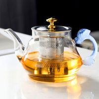 煮茶器耐热养生玻璃煮茶炉蒸汽煮茶壶家用加热小电热炉熬茶壶套装|蓝把:700ML大鼓形 茶壶+茶炉+4白宝杯