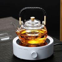 家用耐高温玻璃茶壶电陶炉加热烧水泡茶壶提梁煮茶养生壶茶具套装|绳编竹把壶1000ml+简约白茶炉