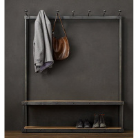 美式复古铁艺实木衣帽架鞋架落地式挂衣架挂包架服装展示架换鞋凳