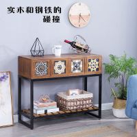 嘉卉 复古铁艺置物架实木斗柜客厅玄关柜小户型电视柜卧室收纳阳台柜子