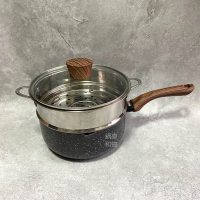 不粘锅奶锅20cm带盖牛轧糖麦饭石大理石仿木纹手柄|大理石20奶锅+玻璃盖+不锈钢蒸笼三件套送勺铲