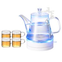 玻璃电热烧水壶自动断电家用透明小型长嘴泡煮茶器专用快壶|1.2L蓝光壶+4杯