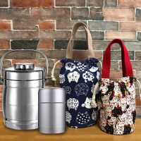 日式抽绳圆形保温桶手提袋学生便当包焖烧壶水杯袋手提包