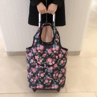 买菜便携拉杆袋防水印花轻便万向轮小拉车可提可拉可折叠|玫红色玫瑰花口袋里布款